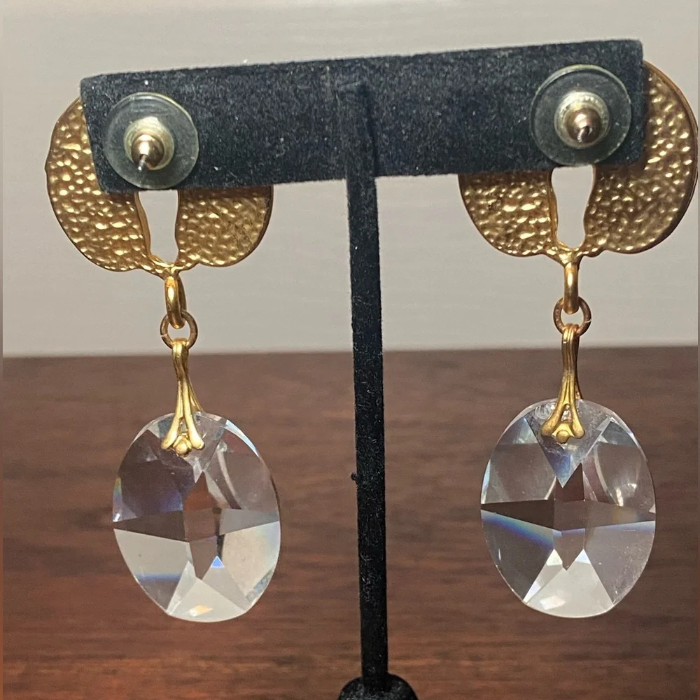 Gold Tone Drop Earrings | Faceted Clear Dangles Statement - Picture 4 of 11